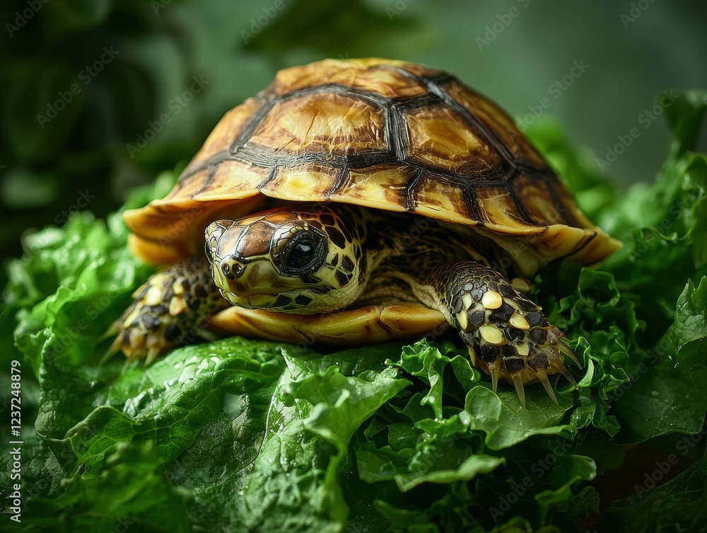 Obraz premium A baby tortoise rests on fresh greens. AI.
