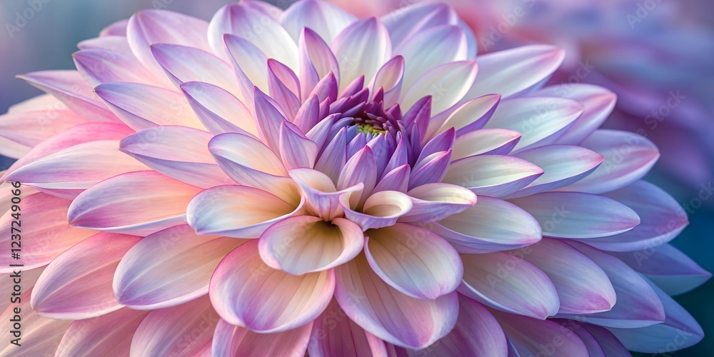 Fototapeta premium Vibrant dahlia bloom showcasing delicate petals in shades of pink and lavender under soft sunlight in a serene garden setting