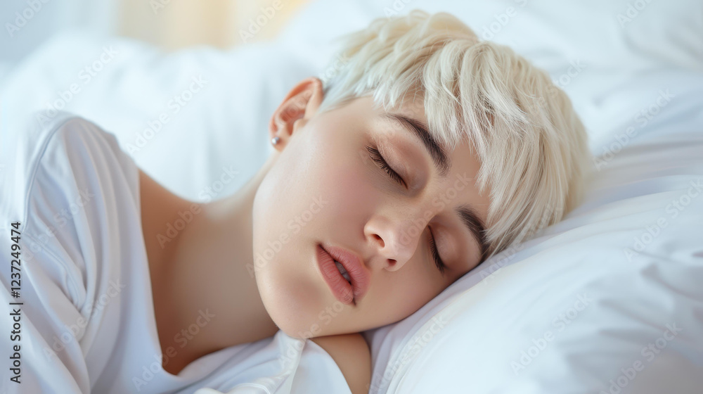 A serene portrait of a young woman with short blonde hair peacefully sleeping in soft morning light. A serene portrait of a young woman with short blonde hair peacefully sleeping in soft morning light.