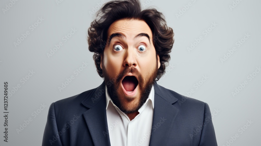 A man displays an expression of shock and amazement, perfectly captured against a clean, white backdrop. A man displays an expression of shock and amazement, perfectly captured against a clean, white backdrop.