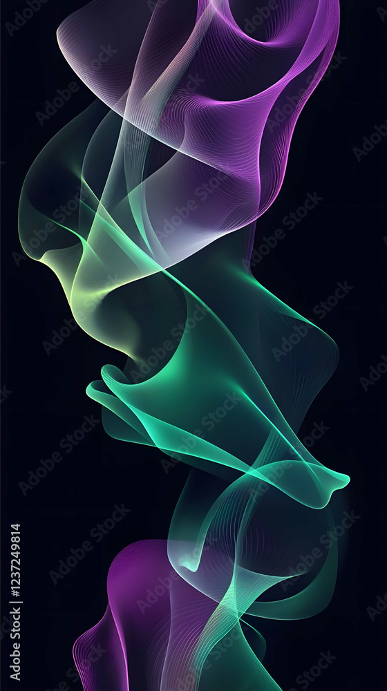 Naklejka premium Abstract background with colorful waves of light on a black gradient green and purple lines in the shape of smoke or wavy tubes vector illustration simple design eleg