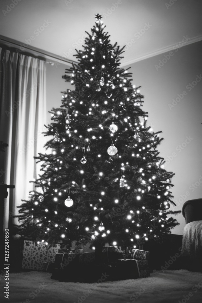 Fototapeta premium Illuminated Christmas tree with ornaments and presents, set in a cozy indoor environment.