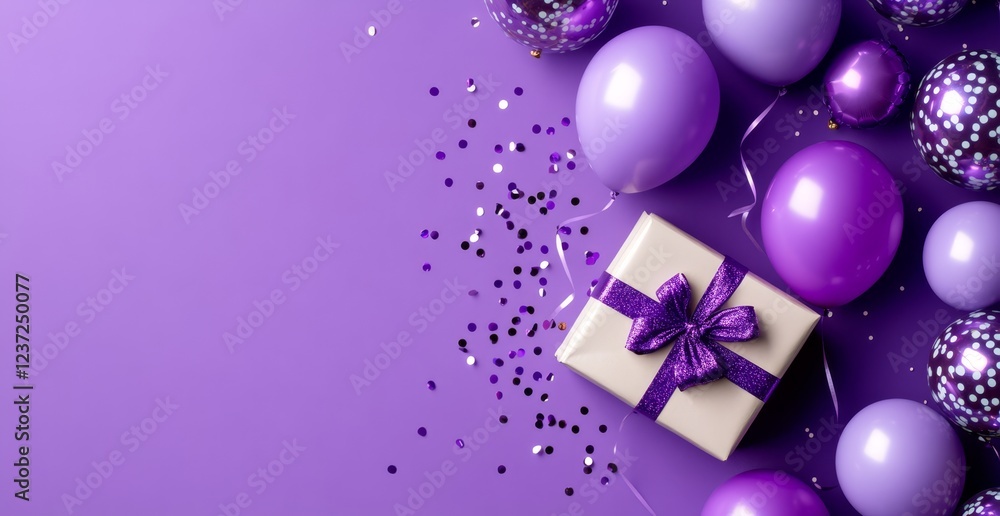 Purple gift, balloons, confetti; celebration background