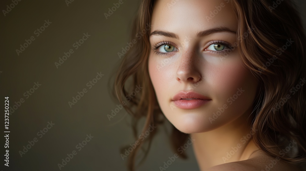 Naklejka premium Radiant Woman with Flawless Skin in Soft Studio Lighting