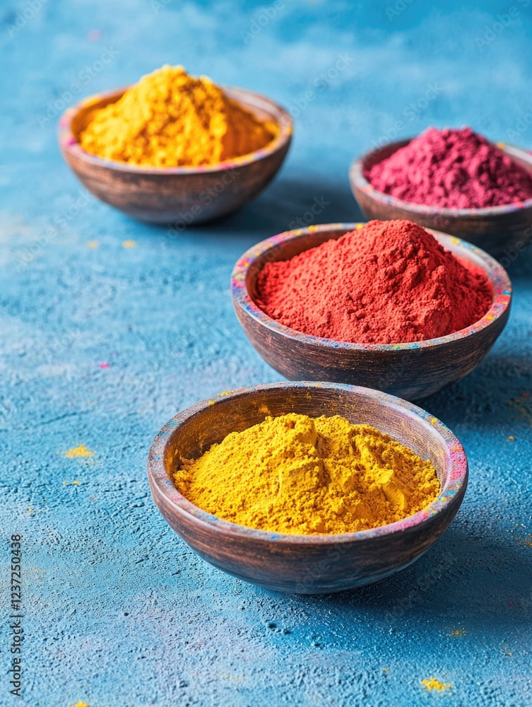 Three wooden bowls with colorful, crushed powder in a range of vibrant hues. Includes spices and artistic blends. Three wooden bowls with colorful, crushed powder in a range of vibrant hues. Includes spices and artistic blends.