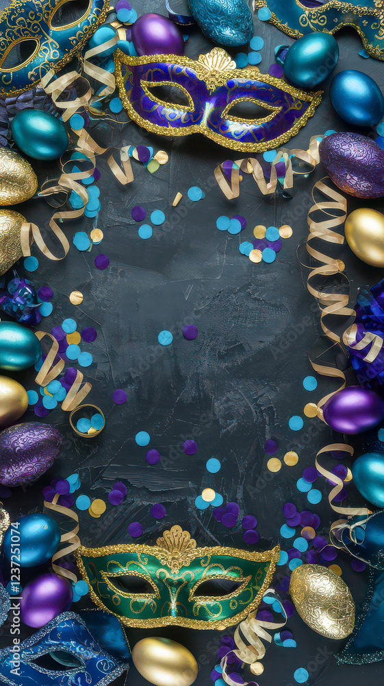 Naklejka premium Festive masks and decorative eggs for a vibrant celebration.