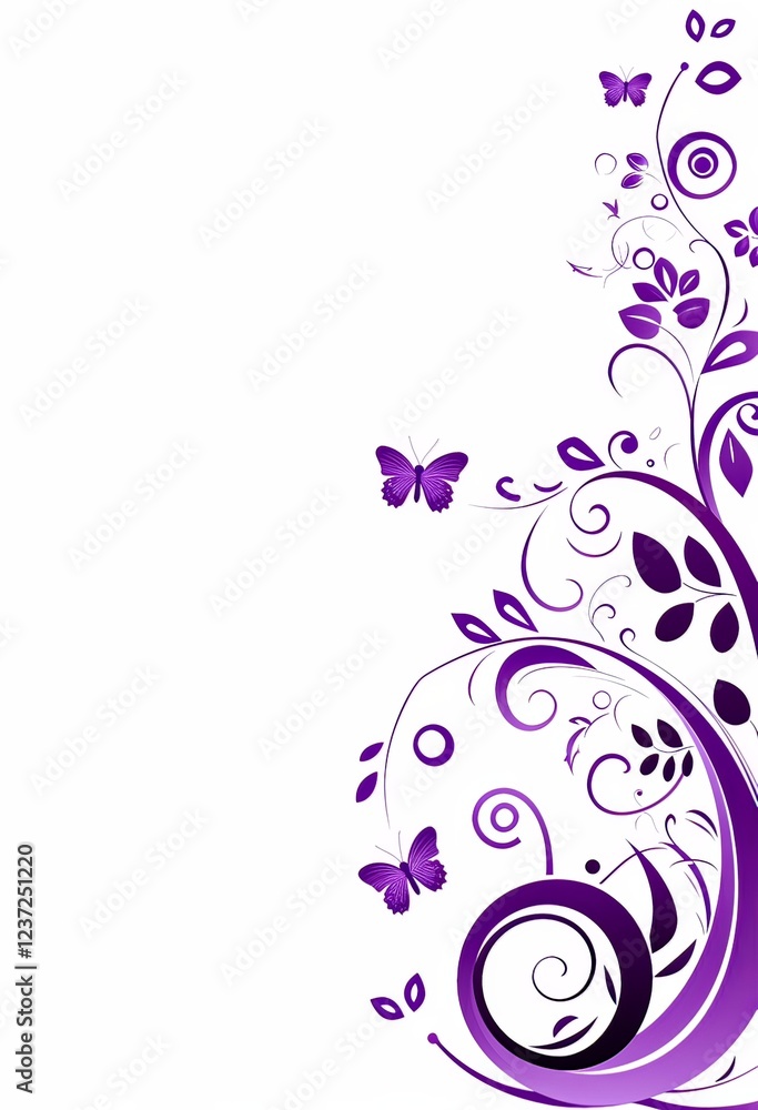 Vector Purple Floral Background with Swirls and Butterflies, Simple Flat Style Design, White Background Vector Purple Floral Background with Swirls and Butterflies, Simple Flat Style Design, White Background