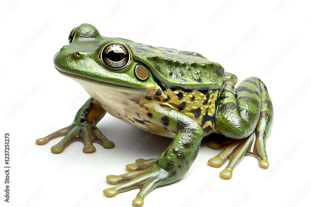 Fototapeta premium green frog on a white background, green frog on a blank white background, a green frog, green frog, cute green frog, white background, copy space for add text, 3d rendering, 3d, AI generative