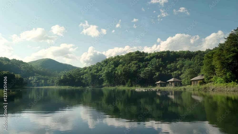 Serene Lake Reflections and Forest Cabins: A Tranquil Nature Escape - 4K Video Footage Serene Lake Reflections and Forest Cabins: A Tranquil Nature Escape - 4K Video Footage