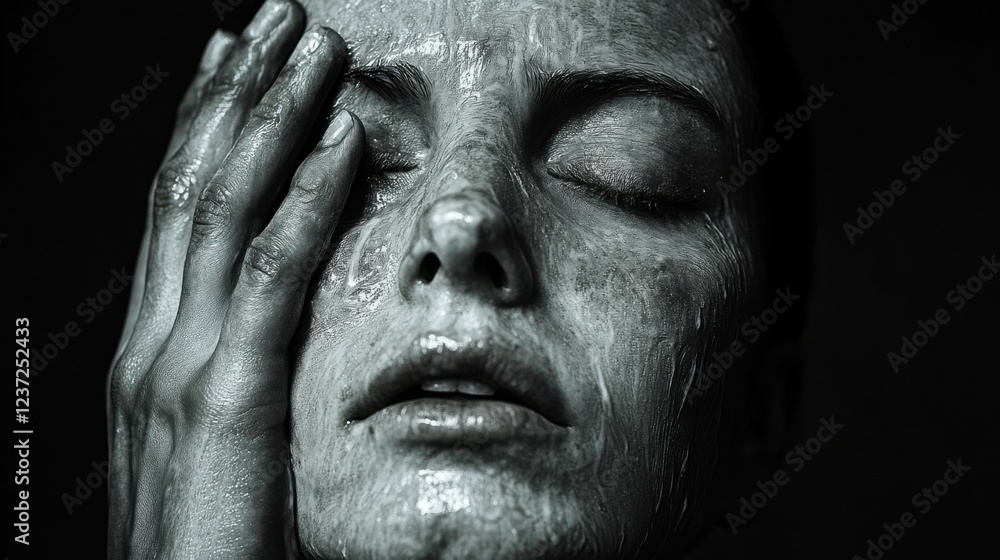 Close-up of woman with dark clay mask on her face: serene, reflective skincare moment Close-up of woman with dark clay mask on her face: serene, reflective skincare moment