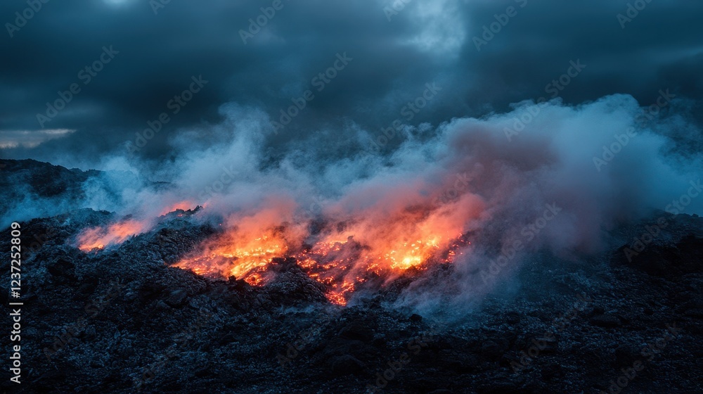 Fototapeta premium A soft and intimate shot of glowing embers resting on a pile of ash, with wisps of smoke gently rising toward the dark sky.