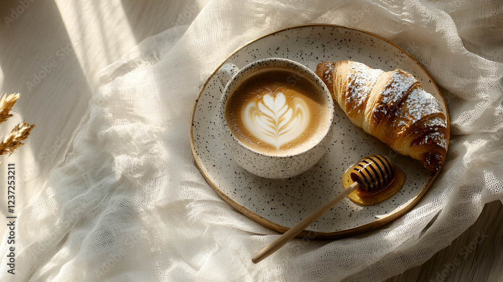 A cozy morning with a cup of latte art coffee, a flaky croissant, and a touch of honey. A cozy morning with a cup of latte art coffee, a flaky croissant, and a touch of honey.