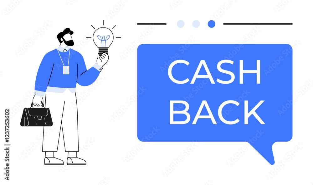Businessman holding light bulb, briefcase in hand, large CASH BACK text in blue speech bubble. Ideal for financial incentives, saving strategies, rewards programs, business innovation, creative Businessman holding light bulb, briefcase in hand, large CASH BACK text in blue speech bubble. Ideal for financial incentives, saving strategies, rewards programs, business innovation, creative