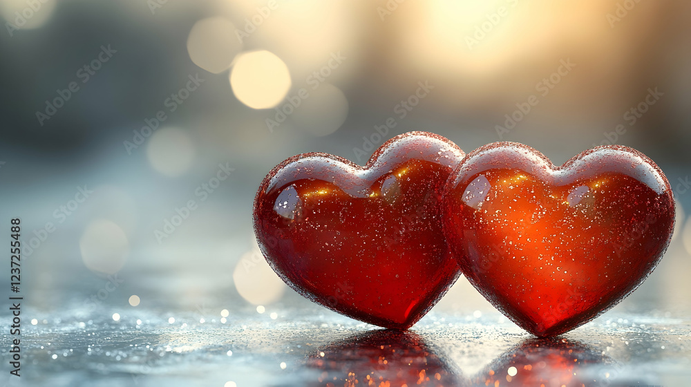 Fototapeta premium two Glossy Red Hearts with Bokeh: Valentine's Day Love Card Design Template