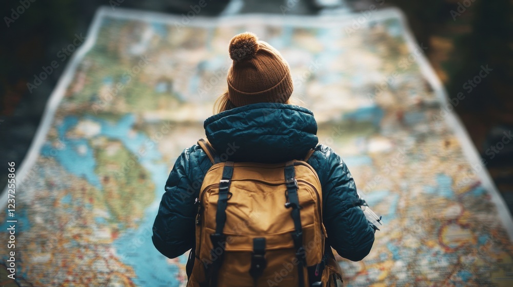 Woman with backpack reading large map in outdoor adventure setting Woman with backpack reading large map in outdoor adventure setting