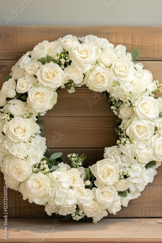 Elegant and classic circular arrangement of white roses on a wooden background. photo