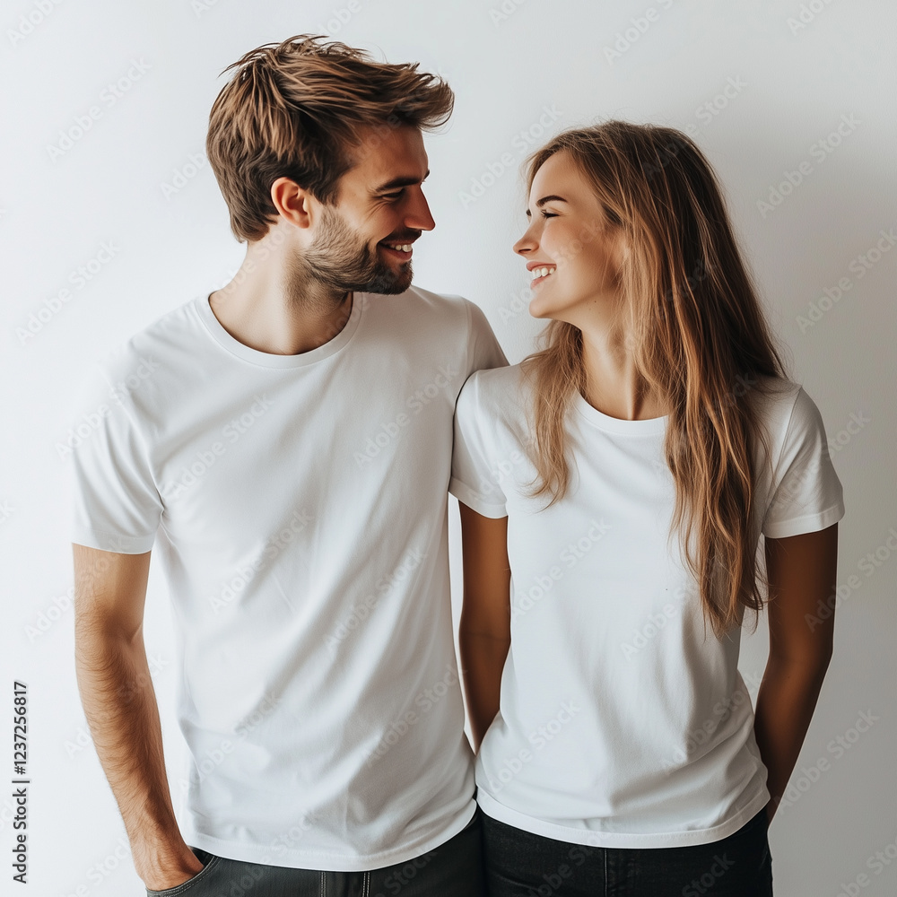 Obraz premium Smiling Young Couple in Matching White T-Shirts Against Minimalist Background