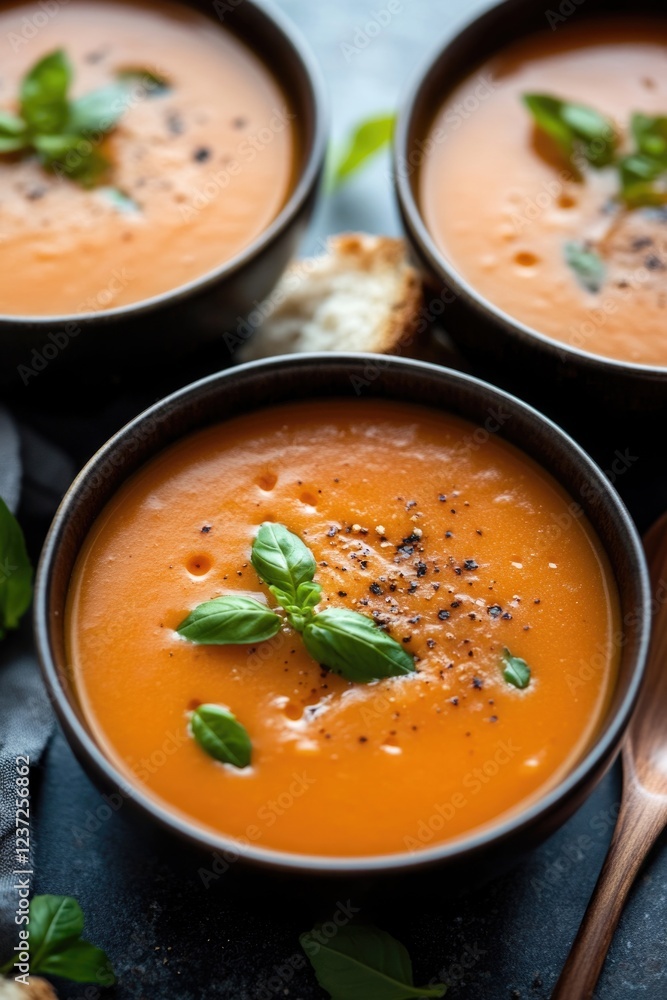 Three bowls of healthy vegetable soup, garnished with fresh basil and black pepper. Three bowls of healthy vegetable soup, garnished with fresh basil and black pepper.