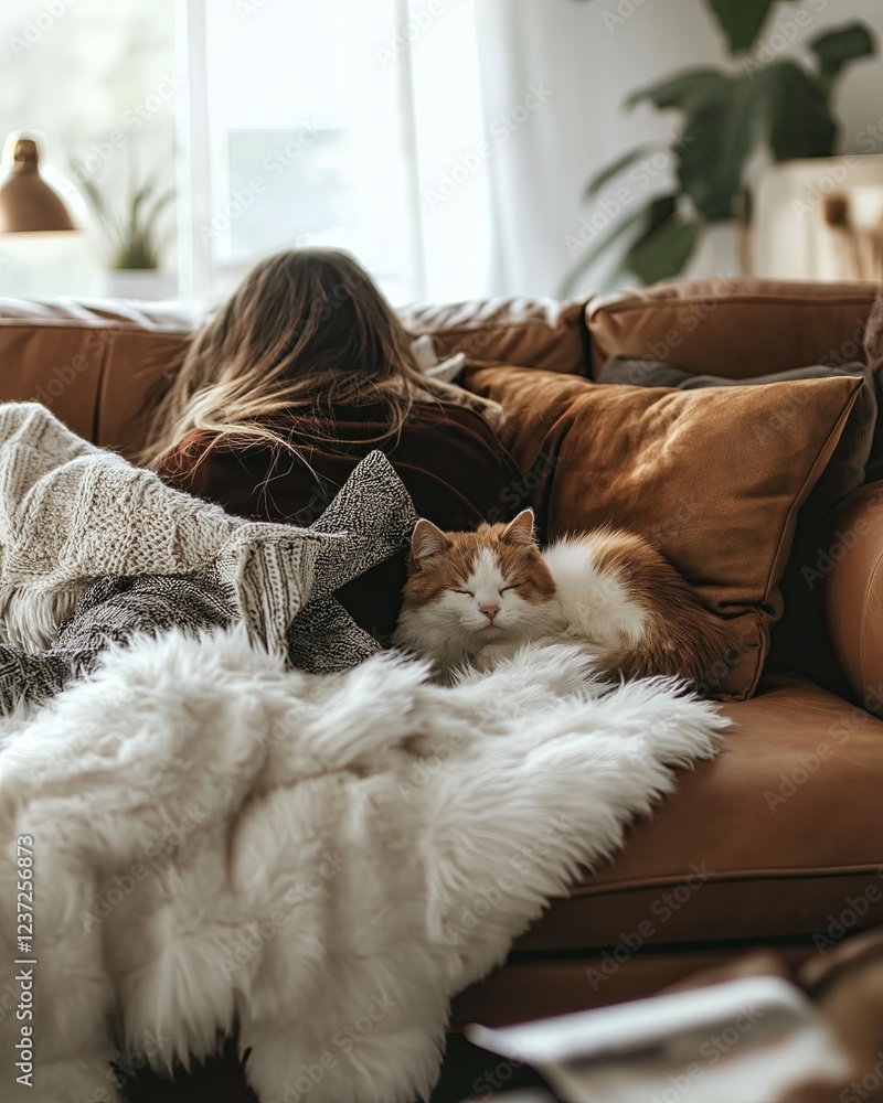 Obraz premium Cat moody, Pet Influence, Cozy relaxation with cat on couch living room lifestyle image indoor comfort casual viewpoint