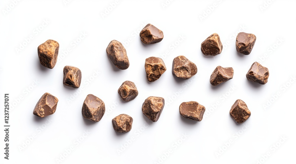 Obraz premium Scattered dark chocolate chunks, white background, food photography, recipe ingredient