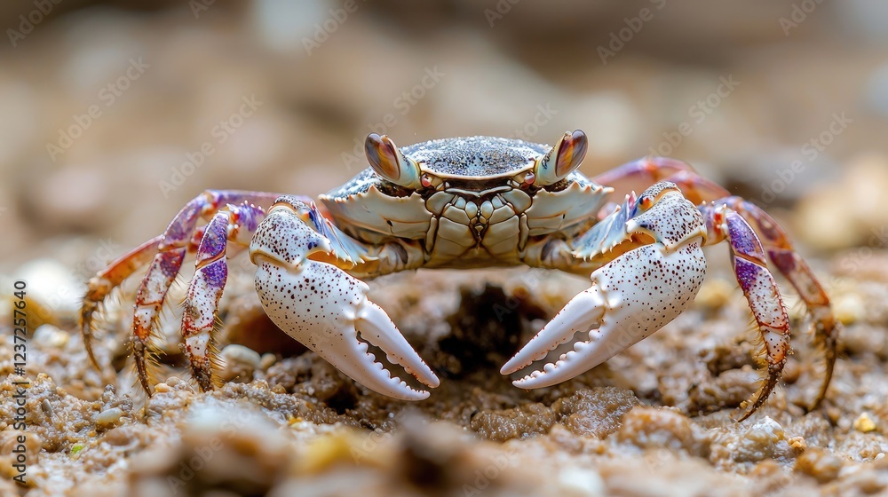 Colorful crab on beach, close-up view Colorful crab on beach, close-up view
