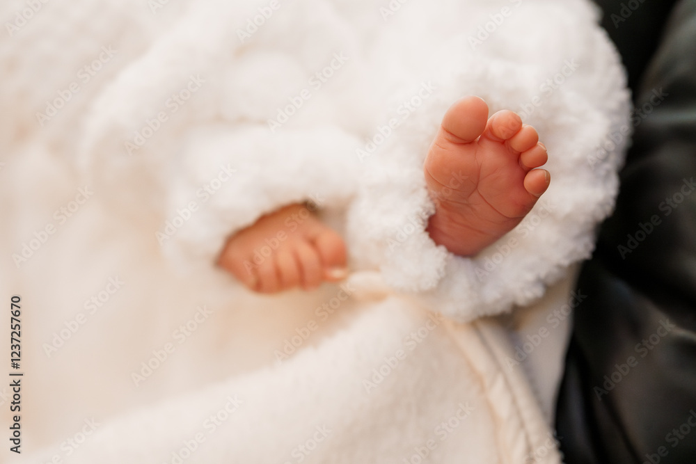 A Cozy Moment: Newborn Feet Peeking from Soft Blanket A Cozy Moment: Newborn Feet Peeking from Soft Blanket