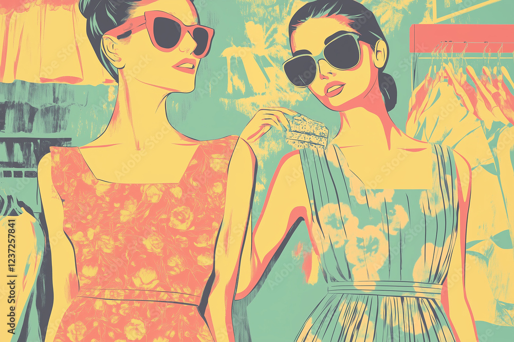 Stylish Women in Sunglasses Shopping for Trendy Summer Dresses Stylish Women in Sunglasses Shopping for Trendy Summer Dresses