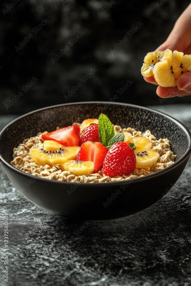 Healthy breakfast option of oatmeal with bananas and strawberries topped with a fresh mint leaf. Healthy breakfast option of oatmeal with bananas and strawberries topped with a fresh mint leaf.