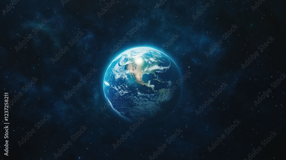 Fototapeta premium Earth in outer space surrounded by stars and cosmic dust, viewing americas from orbit