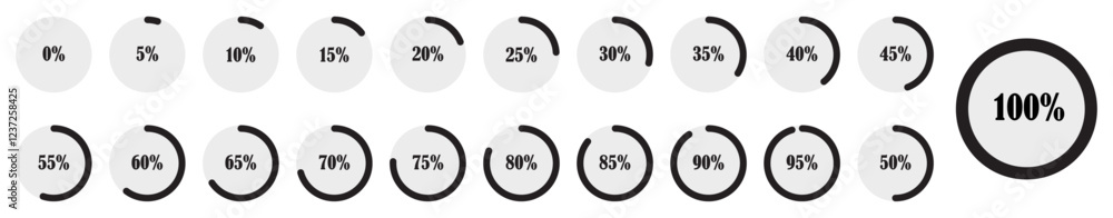Circular progress bar icons from 0 to 100 percent in black and white, percentage loading indicators, progress completion design elements. Circle loading and circle progress collection. Circular progress bar icons from 0 to 100 percent in black and white, percentage loading indicators, progress completion design elements. Circle loading and circle progress collection.