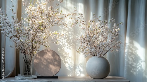 Sunlit cherry blossoms in vases on a wooden table with soft curtain background