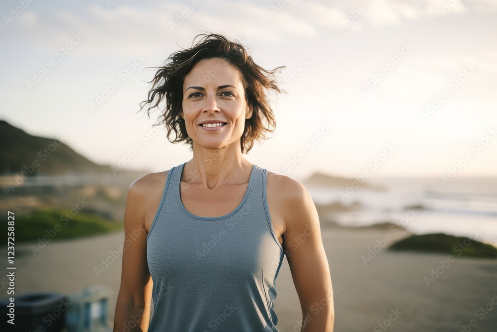 Portrait of smiling sporty woman in sportswear standing on beach at sunrise Portrait of smiling sporty woman in sportswear standing on beach at sunrise