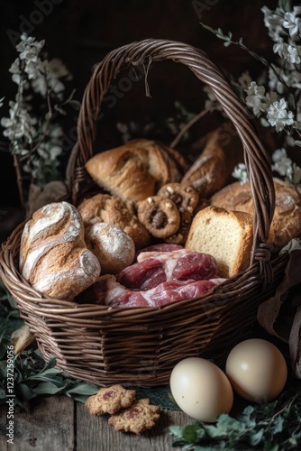 Fresh baked breads, cakes, rolls, eggs, and meat in a rustic wooden woven basket. Perfect Easter basket or farm fresh foods for breakfast. photo