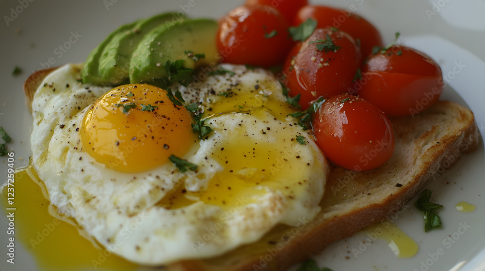Eggs on toast with avocado, cherry tomatoes, and a drizzle of olive oil. Eggs on toast with avocado, cherry tomatoes, and a drizzle of olive oil.