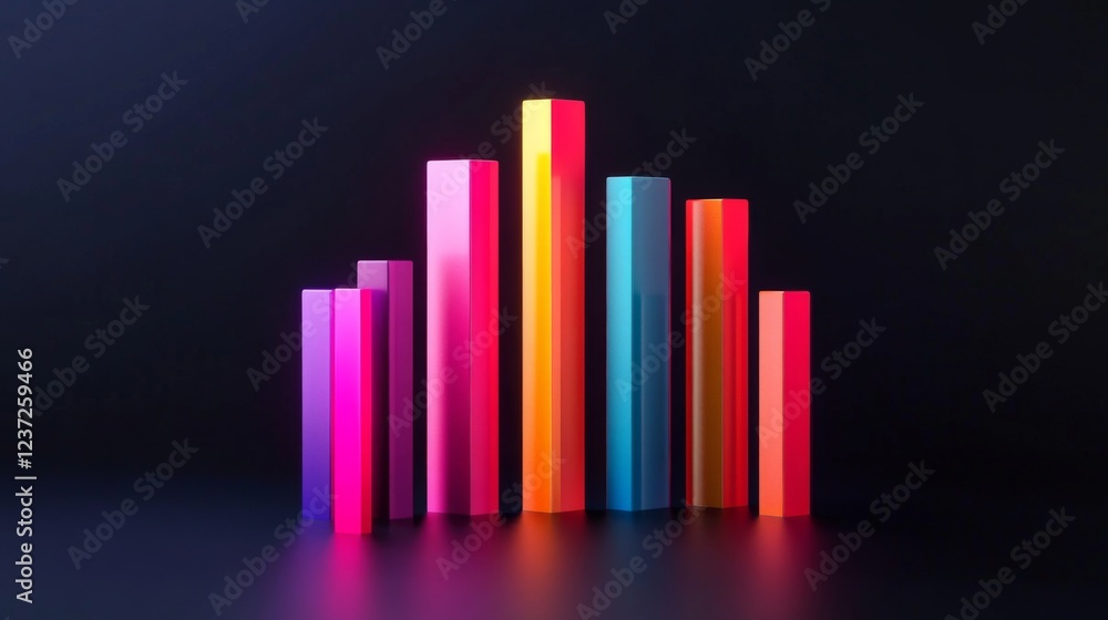 A D-rendered bar graph with rising colorful bars, symbolizing growth in market trends, with a dark and minimalistic background for contrast
