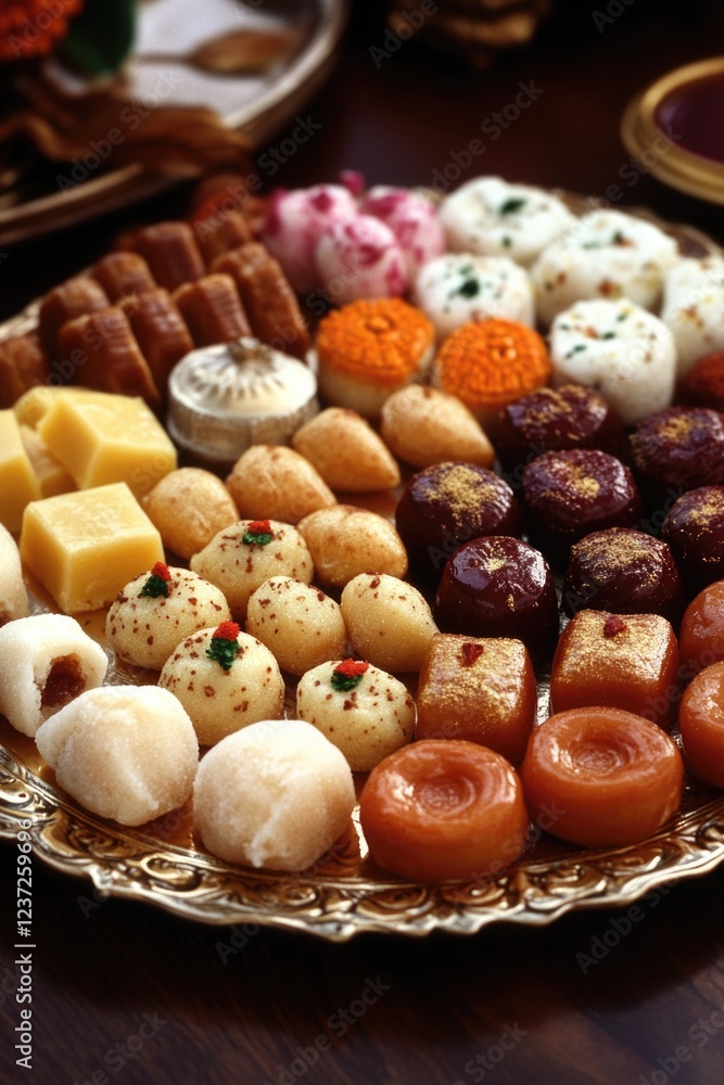 A delightful arrangement of various sweet treats, typical for Indian celebrations. A delightful arrangement of various sweet treats, typical for Indian celebrations.