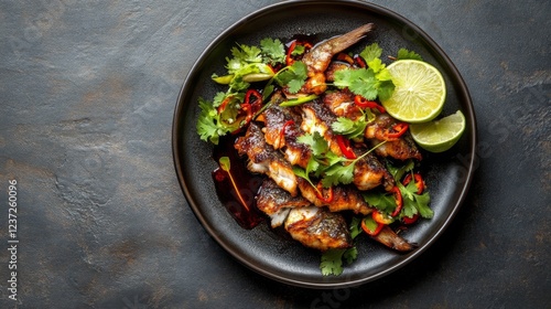 Wallpaper Mural A beautiful plate of fried seabass, drizzled with rich fish sauce, surrounded by lime wedges and fresh herbs, showcasing the vibrant and appetizing presentation Torontodigital.ca