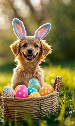 Golden retriever puppy wearing bunny ears sits behind a basket full of colorful easter eggs in a vibrant outdoor setting