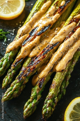 Delicious asparagus spears wrapped in a tasty sauce, seared to perfection and garnished with lemon and pepper. This gourmet dish is both visually appealing and nutritionally rich. photo