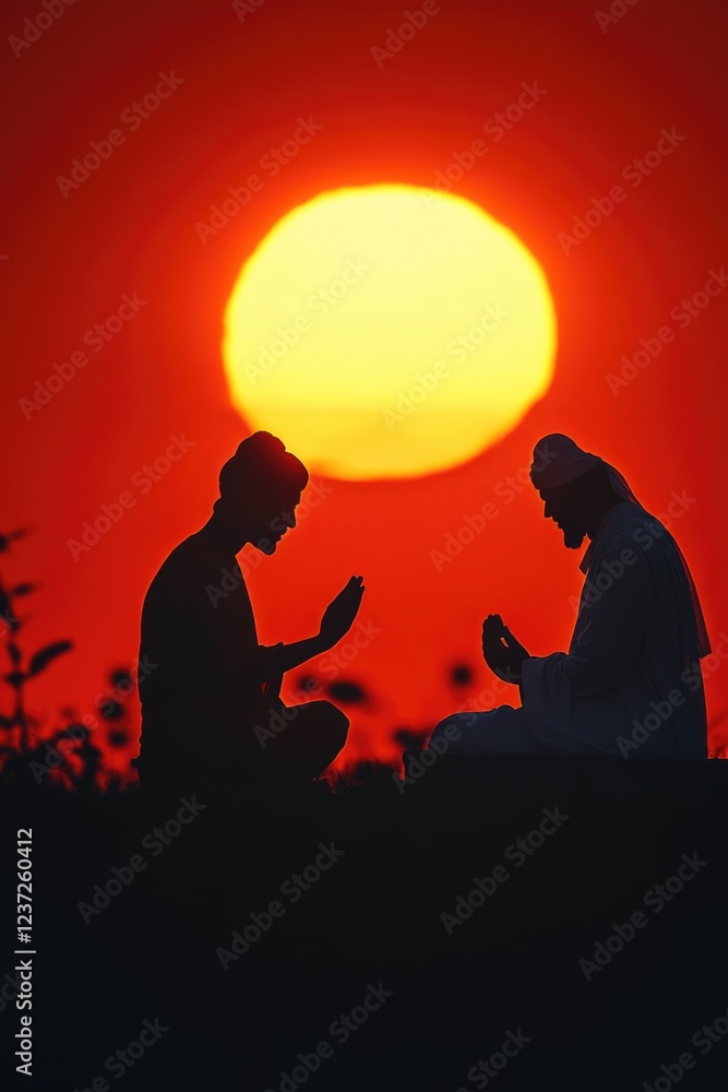 Obraz premium Two people in silhouette at sunset with religious figures, symbolizing faith or prayer.