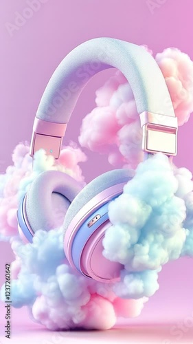 Pink and blue wireless headphones float amidst pastel colored clouds on a pink background, creating a dreamy and surreal atmosphere