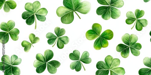 A seamless watercolor shamrock pattern on a white background. Ideal for festive decorations, St. Patrick's Day, and Irish-themed designs.