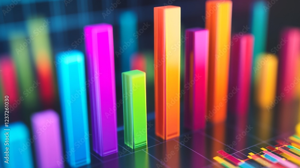 A close-up of a D bar graph with colorful, metallic bars rising against a dark background, showcasing data analysis and market performance