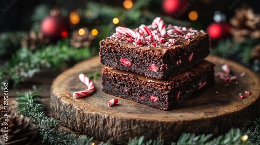 Festive peppermint brownies on wooden platter with christmas decorations and greenery Festive peppermint brownies on wooden platter with christmas decorations and greenery