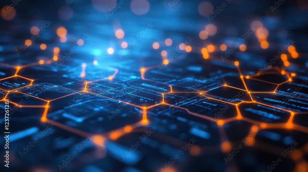 Futuristic digital circuit board with neon blue and orange glowing hexagonal patterns Futuristic digital circuit board with neon blue and orange glowing hexagonal patterns