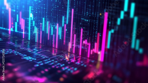 A close-up of a financial bar graph on a business report  with colorful vertical bars illustrating market performance trends over a set period