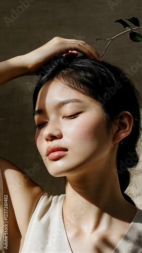 A young woman with closed eyes enjoys the warmth of soft light filtering through, creating a serene atmosphere in her cozy space.
