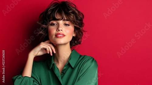 A cheerful young woman with a stylish curly haircut showcases her smile while wearing a green blouse in front of a red wall.