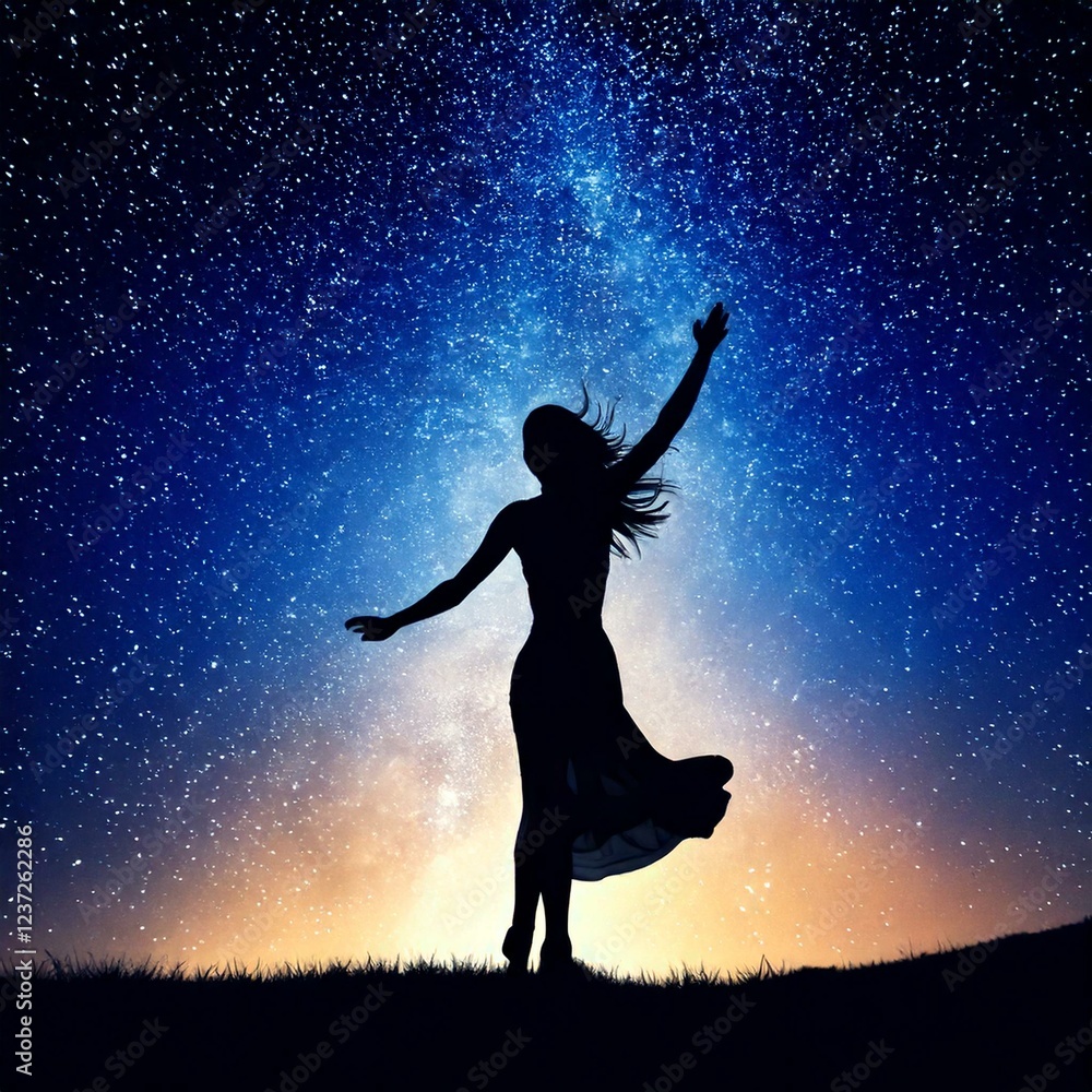 Naklejka premium illustration of a man silhouette dancing in front of a starry night sky with empty copy space