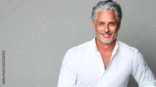 A mature man with gray hair smiles at the camera, showcasing his casual style and confident demeanor in a plain setting.